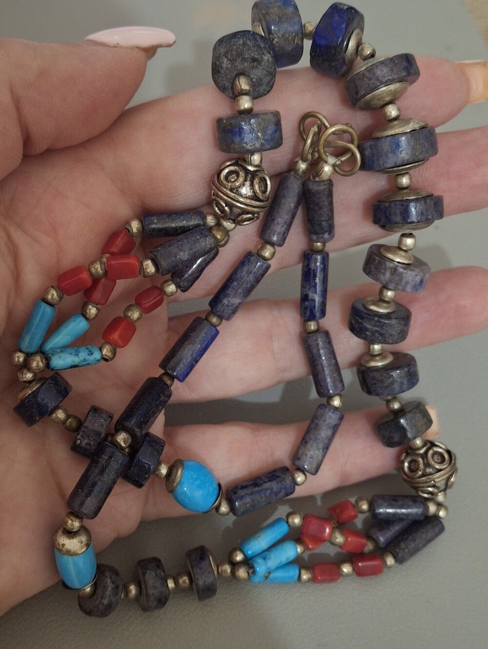 925 Sterling Lapis Lazuli Red Coral Artisan Necklace